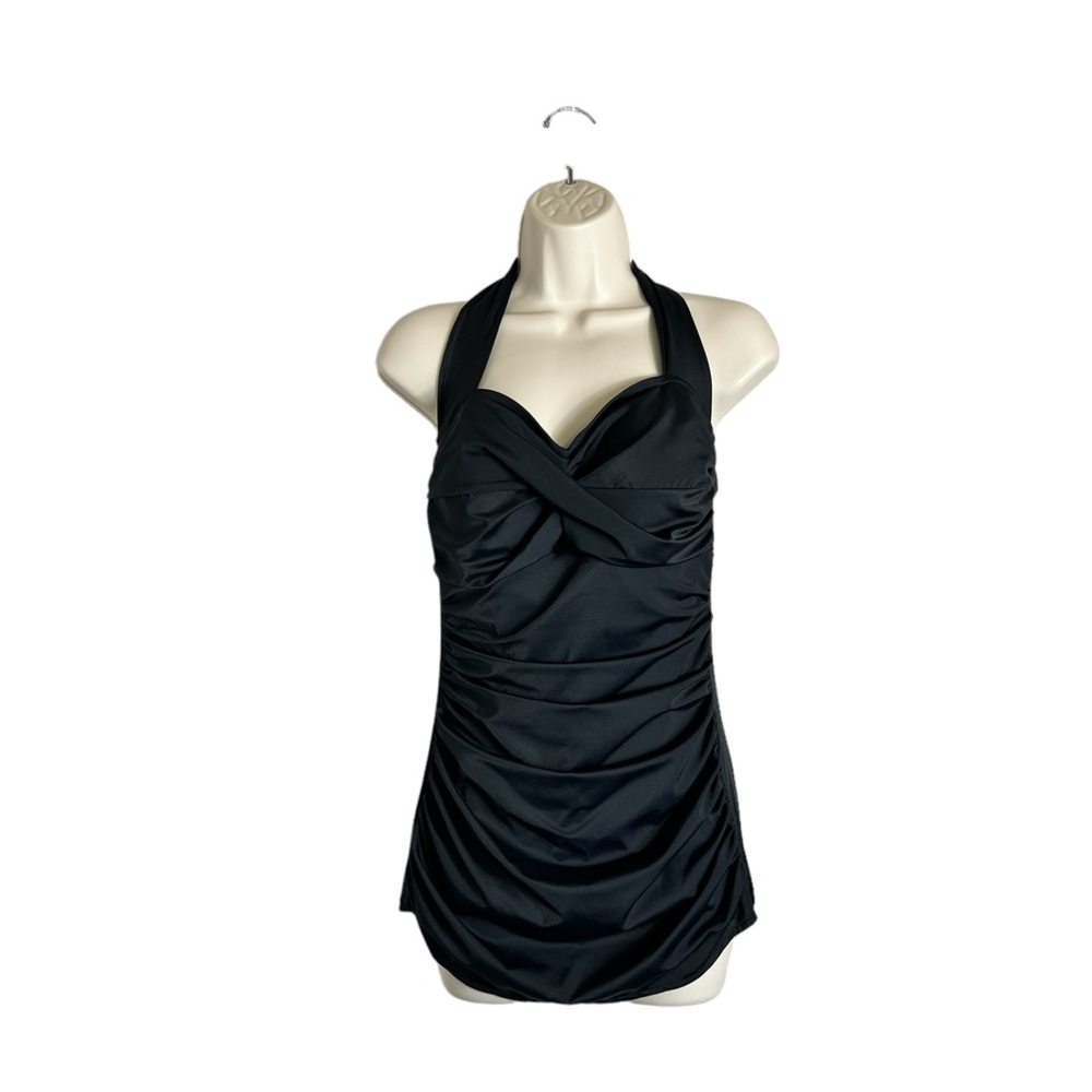 Black Ruched Bathing Suit with Halter Neck Size 14 - Retro